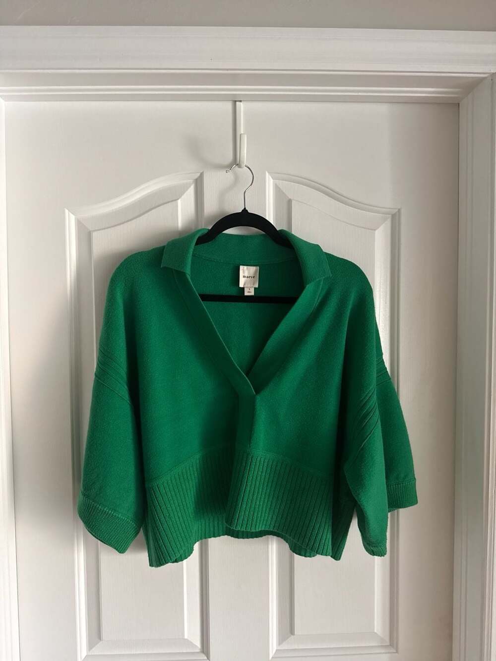 Maeve Elbow-Sleeve Collared V-Neck Sweater In Green - 32% Off